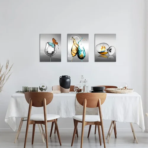 Vista 3 de LyerArtork 3 piezas de lienzo de cocina, arte de pared, copa de vino con mariposa, velero, impresión de imagen sobre fondo gris, pintura moderna
