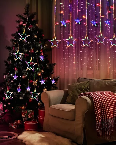 Vista 4 de Blingstar Luces de Cortina de Estrellas 138 LED 12 Estrellas Multicolor Luces de Navidad 8.2 Pies Luces de Ventana Conectables con Control Remoto