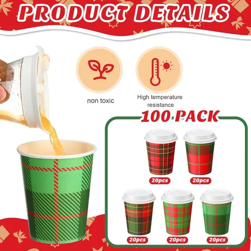 Vista 3 de Hushee 100 Piezas Vasos de Papel a Cuadros Navideños de 8 onzas, Vasos de Café Desechables con Tapas, Vasos Navideños, Suministros de Cafetería