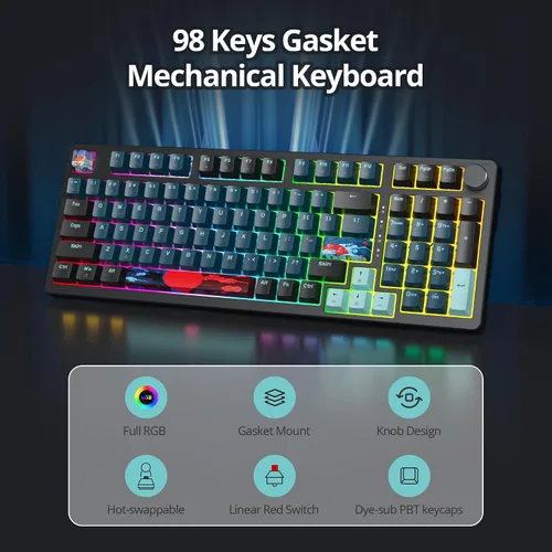 Vista 3 de Junta de teclado para juegos de 98 teclas, teclado personalizado con cable, teclado cremoso intercambiable en caliente con perilla retroiluminada