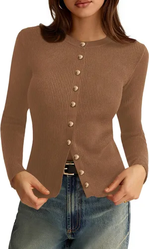 Vista 26 de PRETTYGARDEN Suéteres tipo cárdigan ligeros de otoño para mujer Marrón