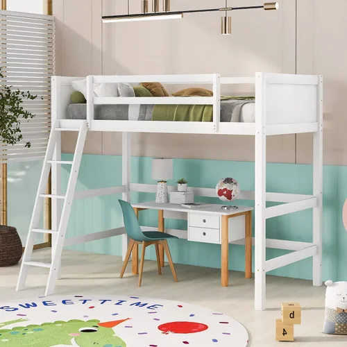 Vista 10 de Harper & Bright Designs Cama tipo loft de tamaño individual con escalera inclinada, cama tipo loft de madera maciza, marco individual