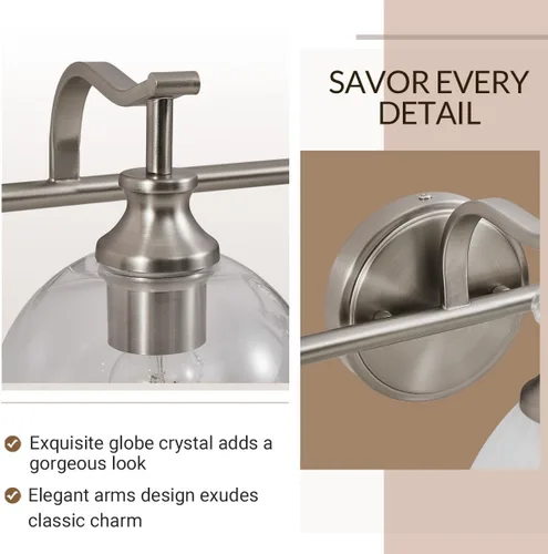 Vista 4 de ANDY STAR Lámparas de baño de níquel cepillado, luces de tocador de 1 luz, apliques modernos de pared de baño con pantalla de vidrio transparente