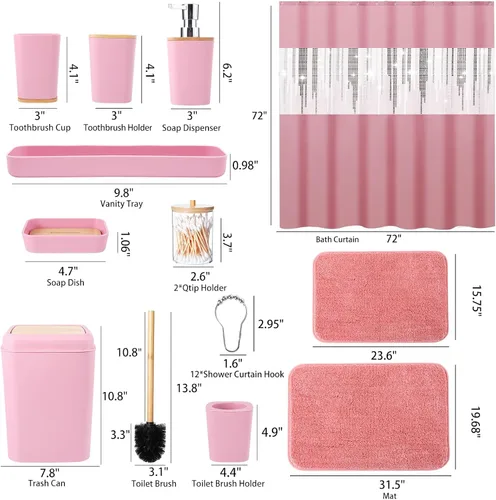 Vista 7 de Juego de accesorios de baño rosa con cortina de ducha y alfombras con purpurina, juegos de baño con alfombras de baño extrasuaves y absorbentes