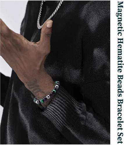 Vista 2 de JEWPARK - Juego de 8 pulseras de cuentas de hematita para hombres y mujeres, pulsera de piedra ajustable con energía curativa de 0.315in, pulsera
