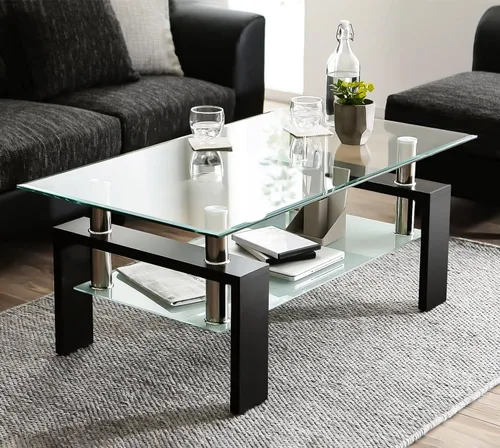 Vista 5 de Juego de 3 mesas auxiliares de cristal para sala de estar, mesa auxiliar de sofá con almacenamiento, patas de metal negro, mesa central rectangular