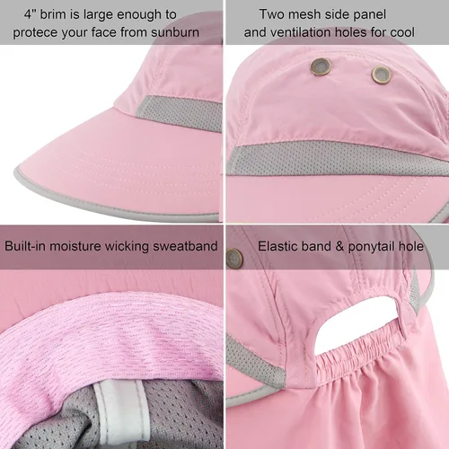 Vista 4 de Sombrero de pesca para mujer, con forma de cola de caballo de verano, protección UV, borde ancho, con solapa para el cuello