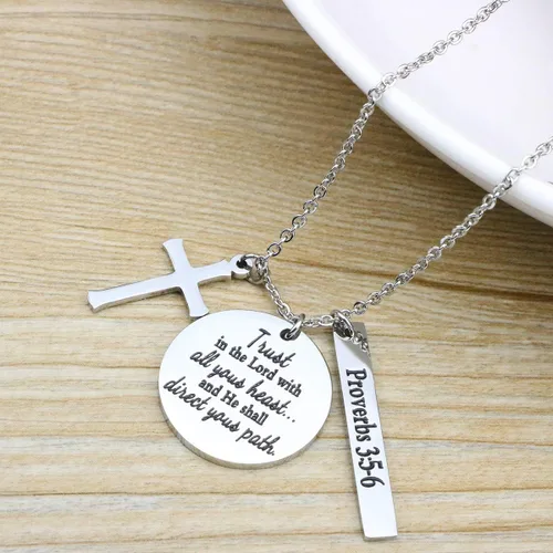 Vista 5 de Collar con colgante de cruz de versículo de la Biblia Amuleto de oración Fe Religiosa Joyería de cumpleaños y Navidad