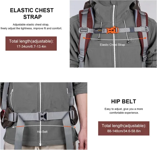 Vista 5 de MOUNTAINTOP Mochila de marco interno de 80L para hombre y mujer Mochila de senderismo con cubierta de lluvia Granate-80l