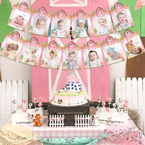 Vista 4 de Cartel de fotos de 1er cumpleaños de animales de granja, rosa para niñas, temática de granja, recién nacido a 12 meses, cartel fotográfico para bebé