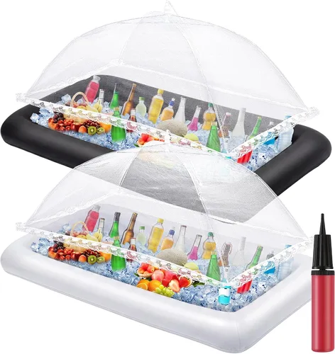 Vista 8 de Leitee - Kit de 5 barras inflables para servir con hieleras, color negro Bandeja de buffet de ensalada con tapón de drenaje, cubierta de malla