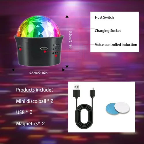 Vista 6 de Paquete de 2 mini luces de bola de discoteca activadas por sonido, luces de fiesta de discoteca multicolor, batería recargable por USB, luces