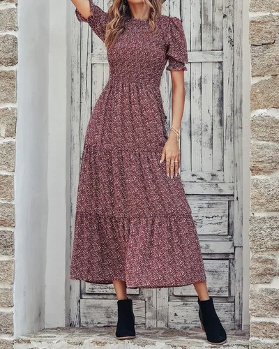 Vista 167 de BTFBM Vestidos para mujer, cuello redondo, casual, de verano, con volantes, manga corta, bohemio, con niveles, fruncido, largo, con estampado floral