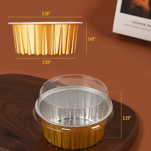 Vista 2 de Mini moldes para pasteles de 5 onzas con tapas, paquete de 60 moldes individuales para magdalenas Taza de aluminio dorada para hornear, moldes