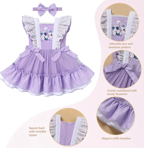 Vista 2 de Vestido de princesa a cuadros para bebé, sin mangas, vintage, de encaje, a cuadros, vestido de princesa acampanado con diadema