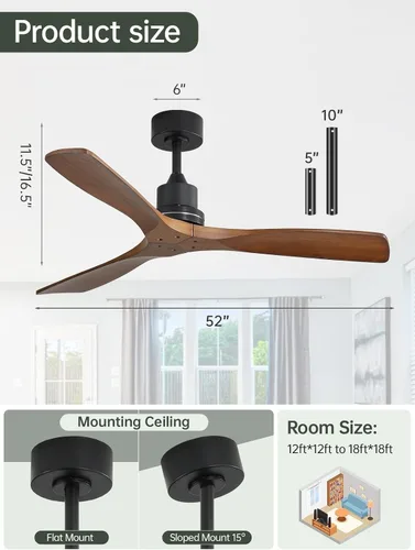 Vista 5 de Sofucor Ventiladores de techo de 52 pulgadas, sin luz, ventilador de techo para exteriores con control remoto, motor CC reversible de 3 cuchillas