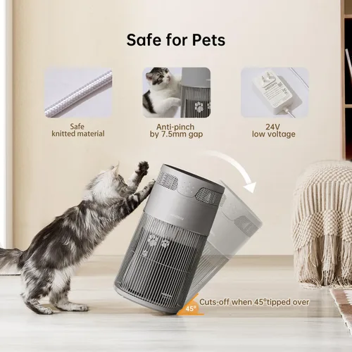 Vista 8 de WISESKY Purificador de aire para gatos con cable resistente a mordeduras y rejilla ancha y protección contra vuelcos Purificador de aire