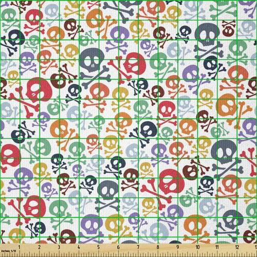 Vista 2 de Ambesonne The Yard, tela de calavera colorida con temática de Halloween, diseño de calavera y huesos cruzados, divertido estampado de dibujos