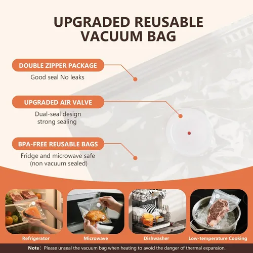 Vista 9 de Sellador al vacío para alimentos con 30 bolsas de vacío reutilizables, máquina selladora al vacío de mano compacta para preparación de comidas