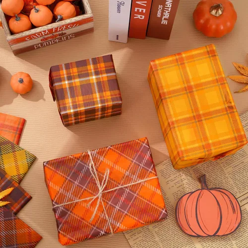 Vista 5 de Whaline 60 hojas de papel de seda a cuadros retro naranja marrón a cuadros decorativos para otoño, fiesta de Acción de Gracias, manualidades, 14 x