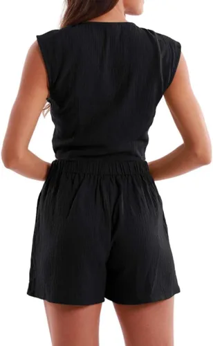 Vista 2 de Amazhiyu Conjunto de 2 piezas de gasa de algodón arrugado para mujer, pantalones cortos y tops de verano