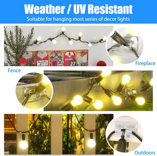 Vista 6 de Keviyi - Ganchos para luces de cadena al aire libre: 25 piezas de clips para cables resistentes con tiras adhesivas impermeables para colgar luces