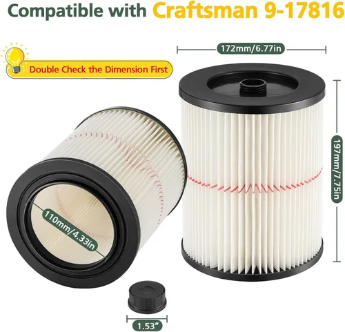 Vista 2 de 9-17816 - Filtro de cartucho de vacío de rayas rojas de repuesto compatible con Craftsman Wet/Dry 5/6/8/12/16/32 galones y más grandes (paquete de 2)