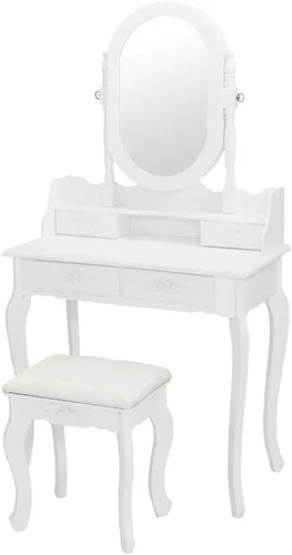 Vista 3 de Juego de mesa de tocador para tocador, mesa de maquillaje de madera, espejo ovalado, mesa de maquillaje para dormitorio con 4 cajones y taburete