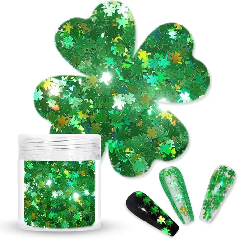 Vista 11 de Laza Brillantina gruesa de 0.07 oz para el día de San Patricio, confeti de clavo, dijes holográficos de uñas, calcomanías de lentejuelas brillantes