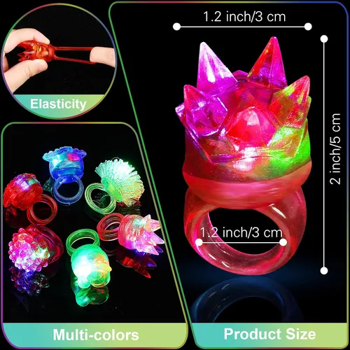 Vista 2 de Vinsot 72 anillos iluminados para fiestas rave, anillos de gelatina intermitentes LED que brillan en la oscuridad, luz de goma, regalo de fiesta