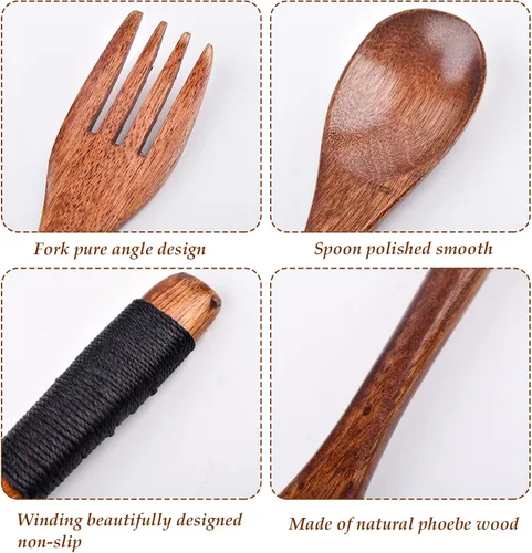 Vista 3 de Juego de cubiertos de madera, cuchara y tenedor, cubiertos de viaje reutilizables con estuche, utensilios portátiles, procesamiento de cuerda