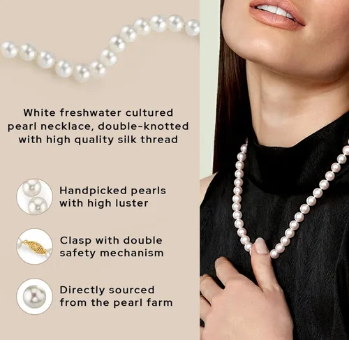Vista 6 de The Pearl Source Akoya - Collar de perlas japonesas blancas para mujer, collar de perlas de oro de 14 quilates, collar de perlas de 18 pulgadas