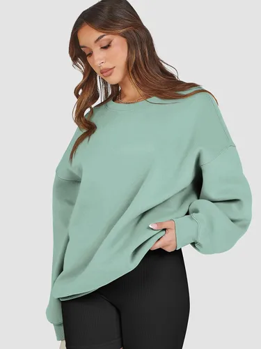 Vista 4 de ATHMILE Sudadera de gran tamaño para mujer, cuello redondo, forro polar, manga larga, sudaderas con capucha, tops de otoño, ropa de moda 2025
