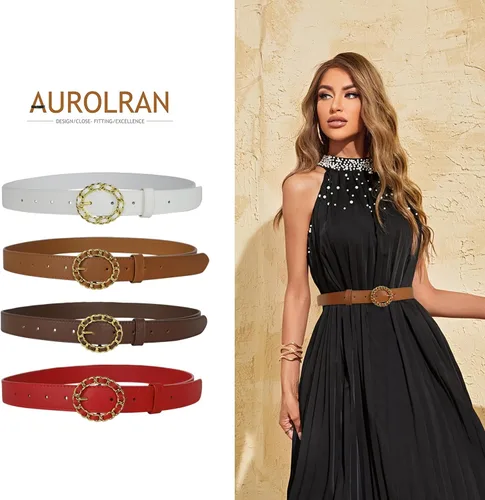 Vista 103 de Cinturón de cuero clásico con hebilla de metal para mujer con vestido de jeans