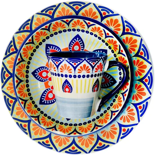 Vista 3 de Elama Zen Blue Mozaik - Juego de vajilla redonda multicolor con diseño de mandala, 16 piezas Azul