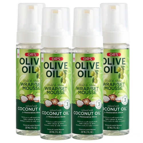 Vista 12 de ORS Set de envoltura de aceite de oliva Hold & Shine Mousse infundida con aceite de coco para un brillo reparador, 7 onzas