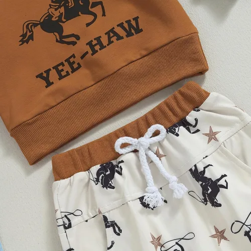 Vista 6 de Conjunto de sudadera de manga larga para bebé del oeste, conjunto de pantalones de caballo de Yee Haw, conjunto de pantalones de vaquero para otoño