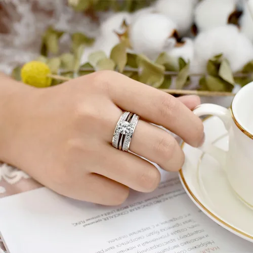 Vista 7 de Blongme Juegos de anillos de boda de catedral y clásicos para mujeres, plata esterlina 925, conjunto de anillos nupciales realzador, circonita