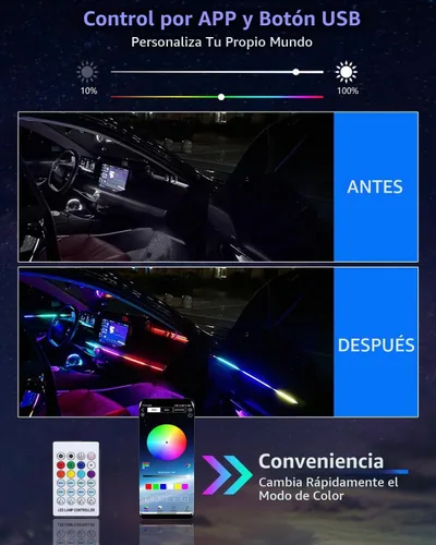 Vista 4 de Luces LED acrílicas para coche, tira de luz interior RGB de 43.3 pulgadas