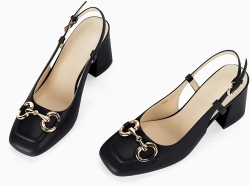 Vista 6 de Coutgo Sandalias de tacón grueso con hebilla de metal para mujer, con punta cuadrada, zapatos de trabajo para vestido de fiesta