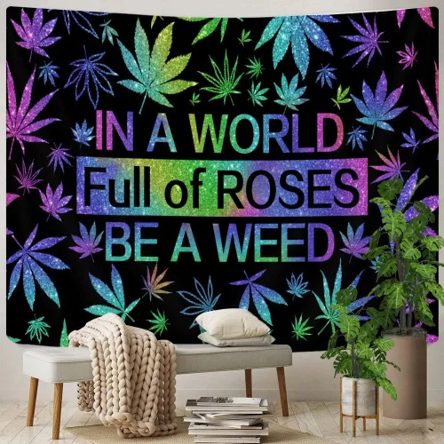 Vista 4 de GOAOK Tapiz de hierba trippy, hojas de cannabis psicodélicas frescas y citas divertidas para dormitorio y sala de estar, 60 x 40 pulgadas