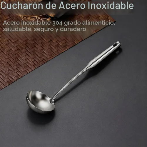 Vista 3 de TBWHL Cucharón de Sopa de Metal 34 cm de Acero Inoxidable 304 con Mango Largo - Cucharón de Cocina Profesional con Mango Ergonómico y Equilibrio
