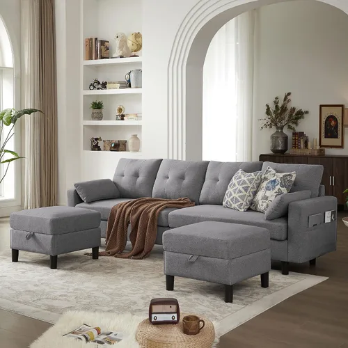 Vista 14 de Sofá en forma de U de 102.3 pulgadas con 2 otomanas móviles y 1 mesa auxiliar, se convierte en sofá cama, incluye 2 almohadas para reposabrazos