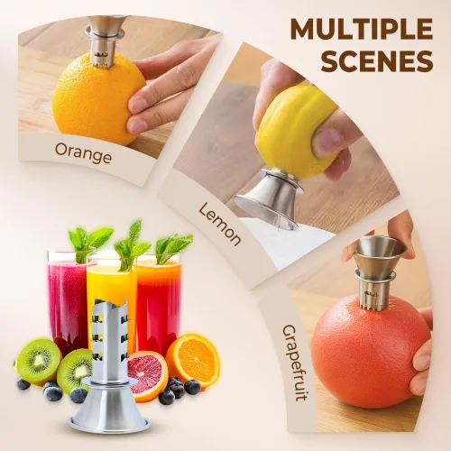 Vista 5 de Exprimidor de limón de acero inoxidable, exprimidor manual de cítricos, exprimidor de mano resistente con tapa de rosca para limones, limas