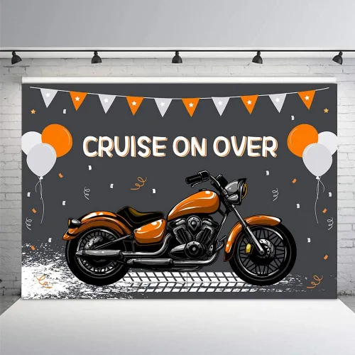 Vista 9 de MEHOFOND Telón de fondo de cumpleaños de motocicleta para niños, decoración de globos azules y blancos de carreras geniales para deportes extremos