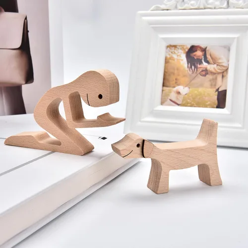 Vista 7 de ISHINE Estatua de madera decorativa de madera para hombre y perro, hecha a mano, tallada, creativa, regalo para la oficina en casa, para hombres