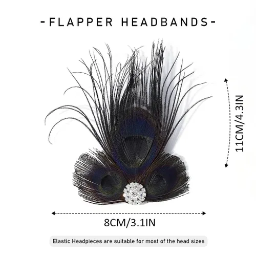 Vista 4 de GORTIN Diadema Art Deco con clip de plumas negras de los años 20 con diamantes de imitación de pavo real para mujeres, niñas, fiestas, bailes
