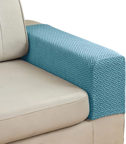 Vista 9 de Juego de 2 fundas de poliéster elásticas para reposabrazos de sofá reclinable, fundas protectoras con pasadores giratorios (azul, M)