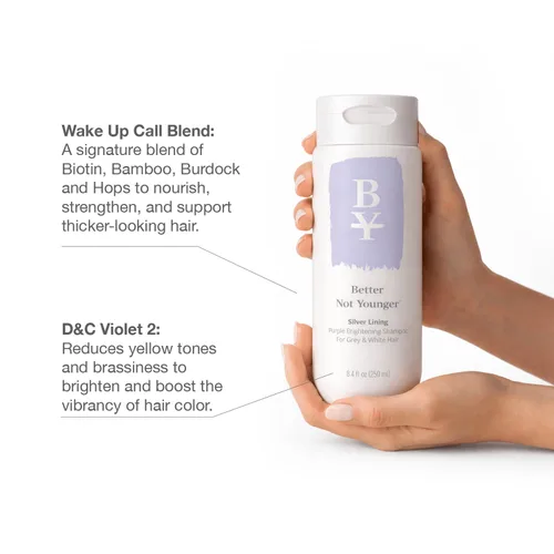 Vista 4 de Better Not Younger Silver Lining - Champú morado para cabello blanco y gris para mujeres mayores de 40 años, fórmula iluminadora y tonificante