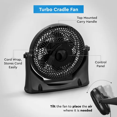 Vista 7 de Comfort Zone PowrCurve CZHV101BK - Ventilador de piso de 3 velocidades de 9 pulgadas con inclinación ajustable de 180 grados, 6 aspas